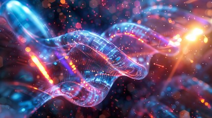 Generate a futuristic DNA artwork with a holographic effect, featuring glowing strands in an otherworldly, mesmerizing composition