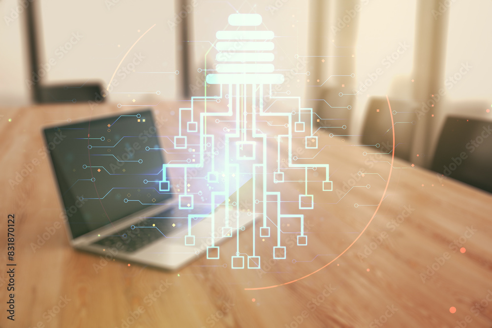 Poster double exposure of creative light bulb hologram with chip on laptop background, idea and brainstormi
