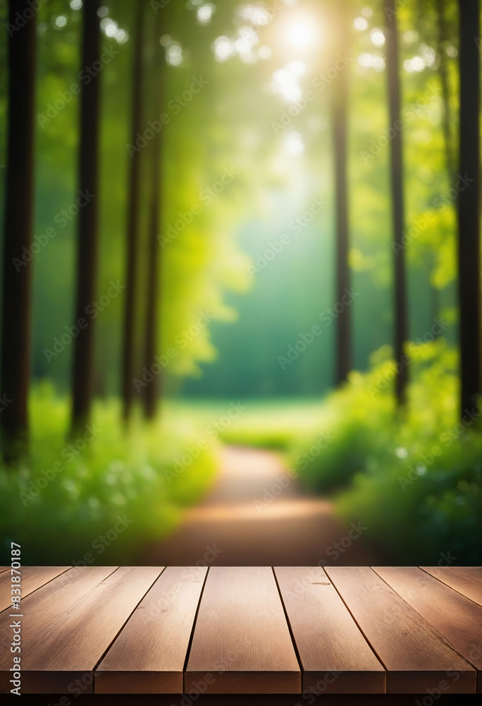 Aufkleber wood table and green forest bokeh blurred background for nature