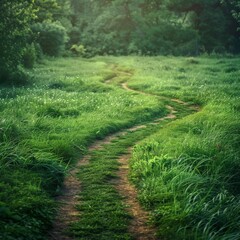 Obraz premium Scenic Morning Stroll on Serene Green Pathway. AI-Generated 4K Wallpaper for Travel and Vacation.