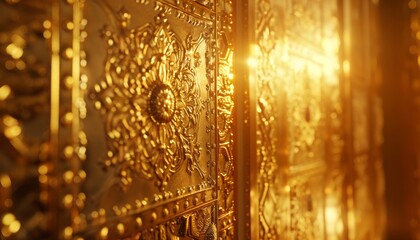 Photorealistic 3D illustration of a gold vault door, intricately detailed with ornate patterns, illuminated by a soft golden light, exuding an aura of security and opulence