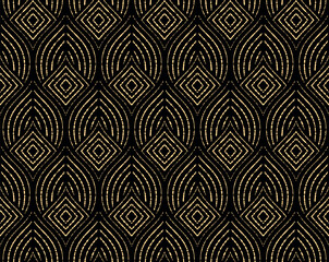 Obraz premium Abstract geometric pattern with stripes, lines. Seamless vector background. Golden and black ornament. Simple lattice graphic design
