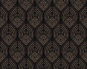 Abstract geometric pattern with stripes, lines. Seamless vector background. Golden and black ornament. Simple lattice graphic design