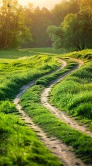 Naklejka premium Scenic Morning Stroll on Serene Green Pathway. AI-Generated 4K Wallpaper for Travel and Vacation.