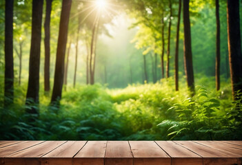 Wood table and green forest bokeh blurred background for nature