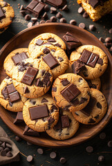 Fototapeta premium Chocolate chip cookies on plate. A platter of freshly baked chocolate chip cookies
