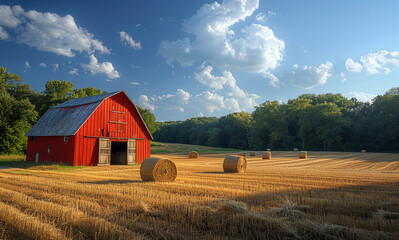 Red barn and hay bales in field. A red barn stands alone in the middle of an open field
