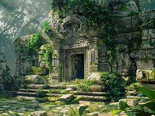 Fototapeta premium A virtual holographic tour of ancient ruins featuring intricate carvings, overgrown foliage, and mystical ambiance in a mix of watercolor and digital painting styles
