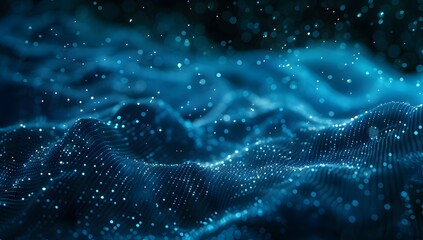 Abstract blue wave background with glowing dots and lines, dark blue background, AI generative text "AI technology digital abstract wallpaper