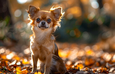 Chihuahua dog sitting on the leaves in autumn