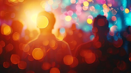 A couple is dancing in a crowded room with bright lights and blurry background