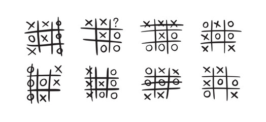 Hand drawn tic tac toe game, doodle X-O children game. Noughts and win. Play tictactoe draw.