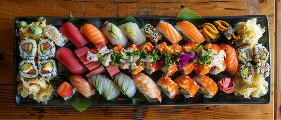 Birds-eye view of a vibrant sushi platter
