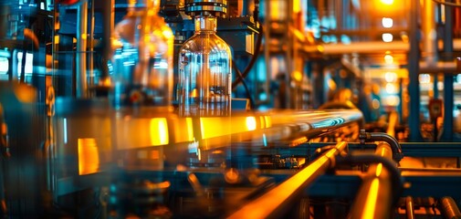 Stateoftheart industrial machinery close up, focus on, copy space, vibrant colors, Double exposure silhouette with factory interiors