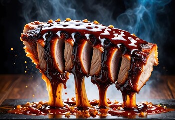 three succulent pork ribs with a shiny glaze, suspended in mid-air with splashes of barbecue sauce creating an energetic backdrop