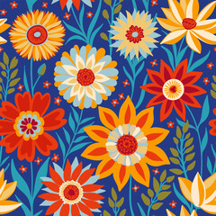 Floral Seamless Random Pattern with Fantasy Flowers in Bohemian Style in Blue, Red, Yellow, White Colors, Great for Textiles, Surfaces, Wallpapers, Wrapping Papers, Fabrics, Prints.