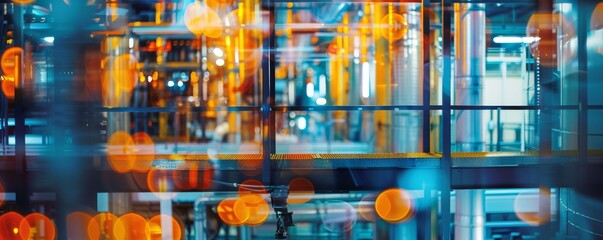Fototapeta premium Automated systems in chemical plant close up, focus on, copy space, vibrant colors, Double exposure silhouette with control panels