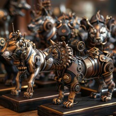 Fototapeta premium A collection of animal figurines with steampunk-inspired cybernetic enhancements, detailed with metallic glazes and gears