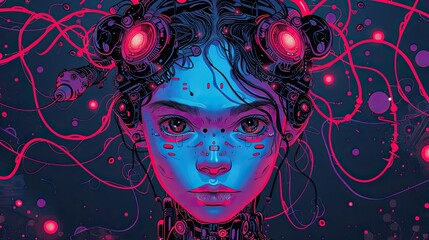 A young girl with cybernetic eyes and dark hair surrounded by glowing neon pink and blue cables and wires