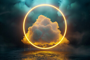 Obraz premium A tall 3D frame captures a dark sky lit by a bright mustard yellow neon ring.