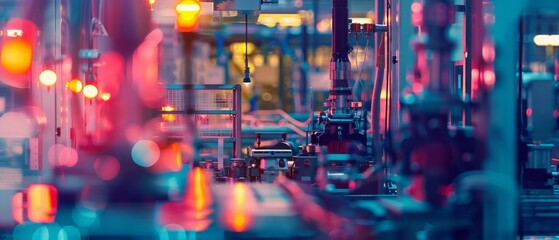 Fototapeta premium Modern industrial assembly line close up, focus on, copy space, vibrant colors, Double exposure silhouette with machinery