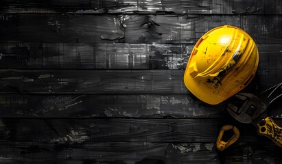 Construction helmet and wrench on black wooden background, banner with copy space area
