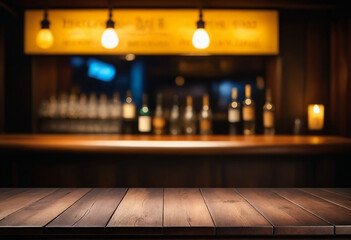Wooden desk of bar and free space for your decoration, blurred background