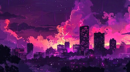 A purple and pink cityscape at night, with clouds of smoke in the sky.