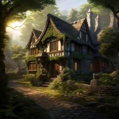 Fototapeta premium Quaint, rustic cottage in a lush forest, sunlight filtering through trees, photorealistic digital painting, detailed stonework, charming and cozy aura, inviting and serene scene