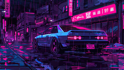 A neon-lit cityscape with an anime-style car parked on the street