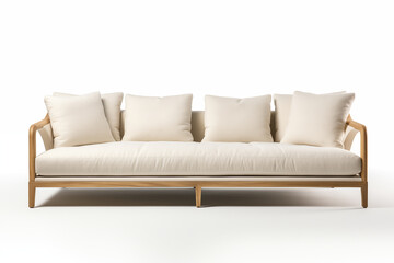 Modern threeseater sofa with wooden legs and white cushions isolated on white background 3D rendering