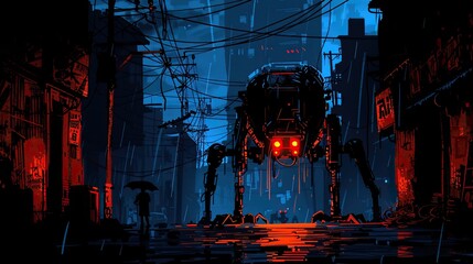 A giant robot is walking through the streets of an abandoned city