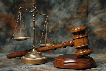 Wooden gavel, metal scale on table