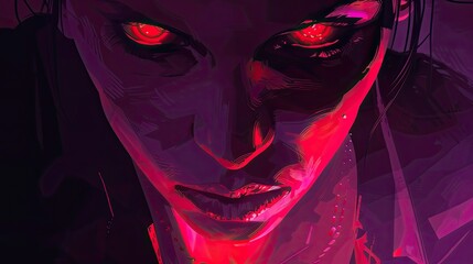 A dark and mysterious illustration of the face of an evil woman with glowing red eyes