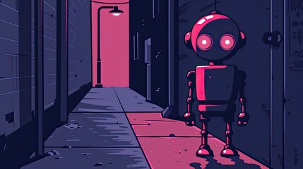 A cute pink rectangular robot standing in the dark alley