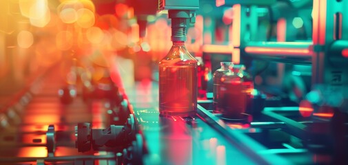Automated packaging on conveyor belt close up, focus on, copy space, vibrant colors, Double exposure silhouette with robotic arms