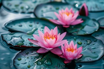 Two pink water lilies floating on pond