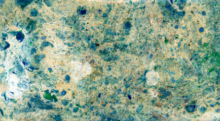 Abstract background. Chaotic spots and drops of various shades of blue, turquoise, green, yellow, off white colors.