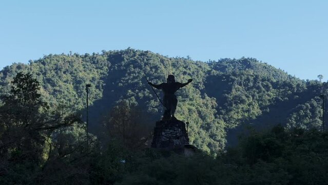 Drone image capturing the silhouette of the iconic "El Indio" monument in the Yunga forest of Tucum&aacute;n, near Taf&iacute; del Valle.