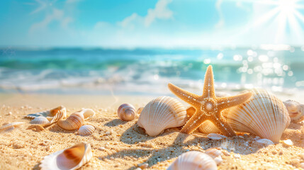 sea shells and starfish on the beach