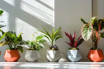 Fototapeta premium A collection of geometrically shaped planters inspired by iconic architectural designs, each with a matte finish and a pop of color inside to contrast with the greenery