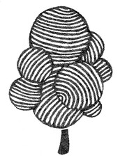 Illustration of decorative tree isolated on white background. Black color. The crown of tree consists of circles filled with white lines. Different directions of lines form pattern. Strokes texture.