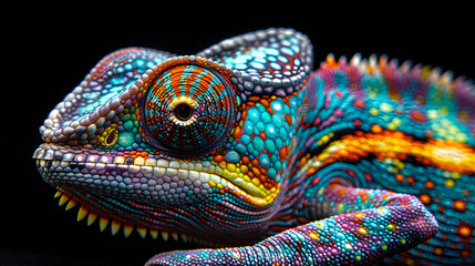 Naklejka premium A close-up view of a vibrant chameleon against a black background, showcasing its colorful scales and intricate patterns