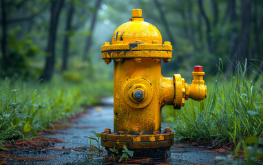 Yellow fire hydrant is sitting on wet road in forest.