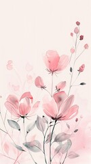 Fototapeta premium Elegant minimalist botanical watercolor illustrations in soft pinks for a delicate and calming wallpaper background.