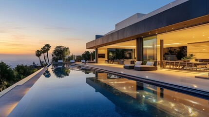 Fototapeta premium Luxury architecture, ocean front property landscape. Modern minimalist design with infinity pool, sleek contemporary designer furniture, panoramic coastal view background. vacation home or hotel. 