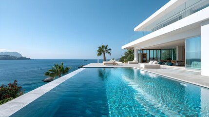 Luxury architecture, ocean front property landscape. Modern minimalist design with infinity pool, sleek contemporary designer furniture, panoramic coastal view background. vacation home or hotel. 
