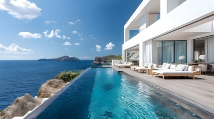 Fototapeta premium Luxury architecture, ocean front property landscape. Modern minimalist design with infinity pool, sleek contemporary designer furniture, panoramic coastal view background. vacation home or hotel. 