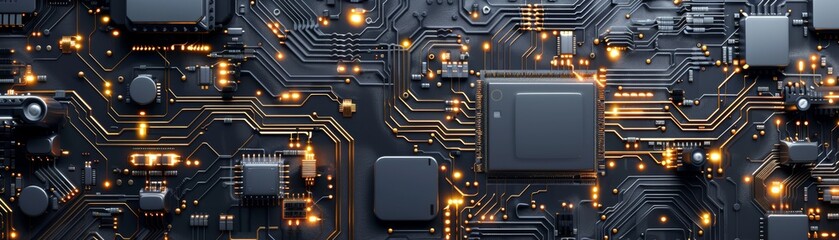 Close-up of a computer motherboard circuit board with glowing components