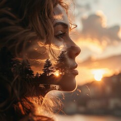 Double exposure of a woman's serene profile blended with a sunset landscape, creating a tranquil and dreamlike scene for introspection and peace.